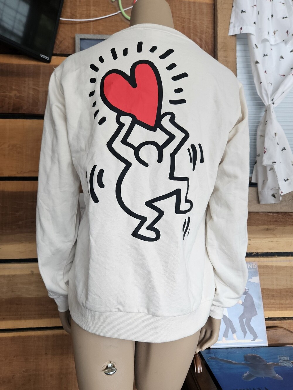 Keith Haring Cream Crewneck Sweater Red Heart Graphic Art To Wear Artist Medium